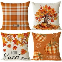 Fall Throw Pillow Covers 18x18 Set of 4 Thanksgiving Pumpkin Pillow Covers Orange Plaid Autumn Pillow Case Maple Leaves Cushion Covers Outdoor Sofa Couch Home Decorations 18 Inch