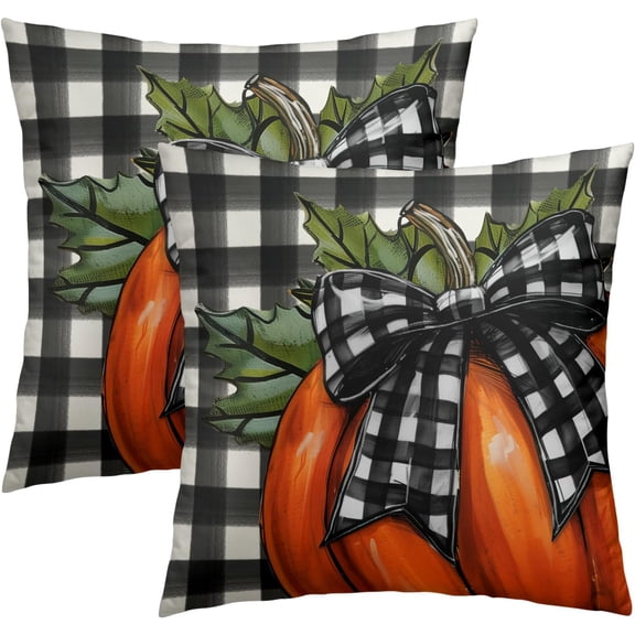 Fall Throw Pillow Covers 20x20 Inch Set of 2, Orange Rustic Pumpkin with Checkered Bow Gingham Background Square Pillowcases for Bed Sofa Couch Porch Farmhouse Cottage Home Decor