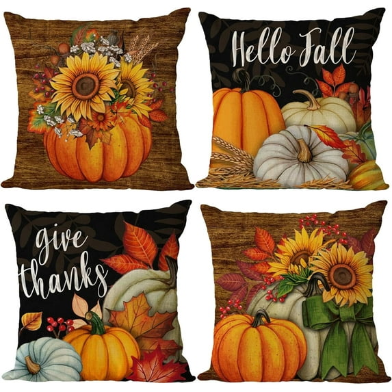 Fall Throw Pillow Covers 20x20 Set of 4 Thanksgiving Pumpkin Pillow Covers Orange Black Autumn Pillow Case Sunflower Cushion Covers Outdoor Sofa Couch Home Decorations 20 Inch