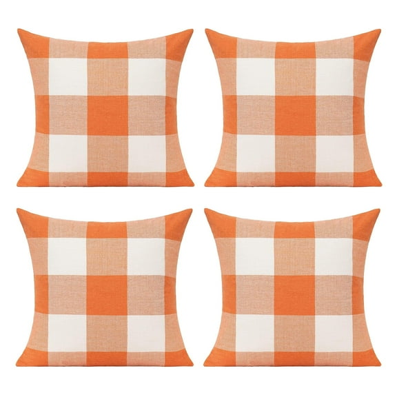 Fall Throw Pillow Covers Decor Orange Buffalo Plaid Thanksgiving Front Porch Farmhouse Rustic Cushion Autumn Home Decorations for Couch Sofa Living Room 18x18 Set of 4