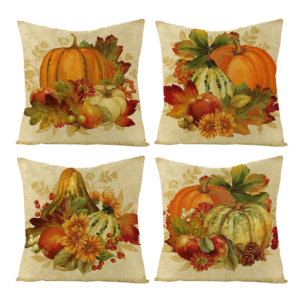 Autumn Pumpkin Cotton Linen 18" Square Pillow Covers Set of 4