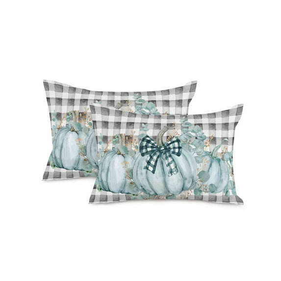 Fall Throw Pillow Covers 12x20 Inch Set of 2 Green Eucalyptus Leaf Pumpkin Decorative Pillow Covers Black Plaid Cushion Cover Pillowcase for Sofa Couch Bed Home Decor