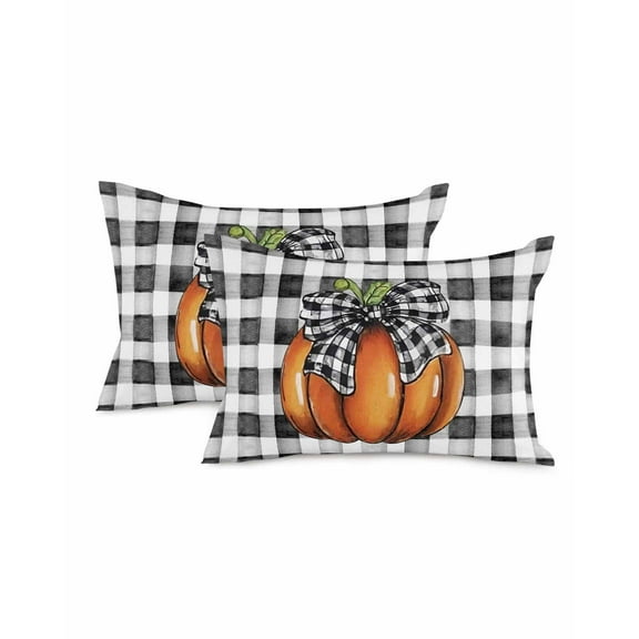 Fall Throw Pillow Covers&nbsp;12x20 Inch Set of 2 Orange Pumpkin Decorative Pillow Covers Black White Plaid Cushion Cover Pillowcase for Sofa Couch Bed Home Decor
