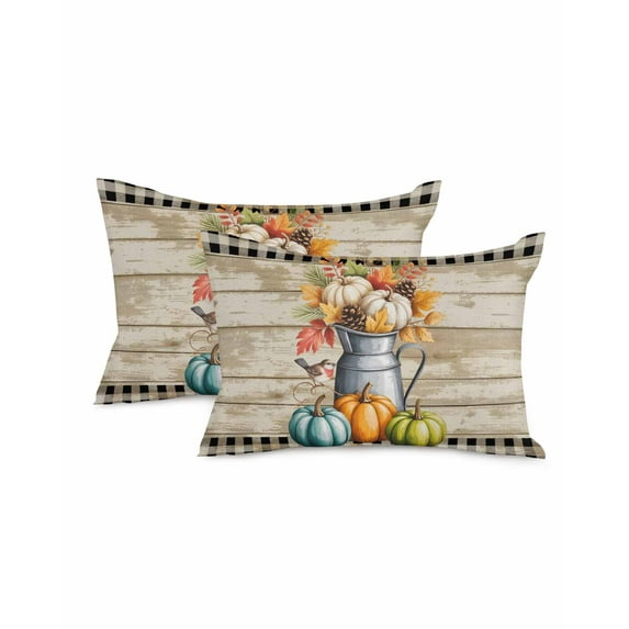 Fall Throw Pillow Covers 12x20 Inch Set of 2 Pumpkin Decorative Pillow Covers Leaves Bird Farmhouse Wood Grain Cushion Cover Pillowcase for Sofa Couch Bed Home Decor
