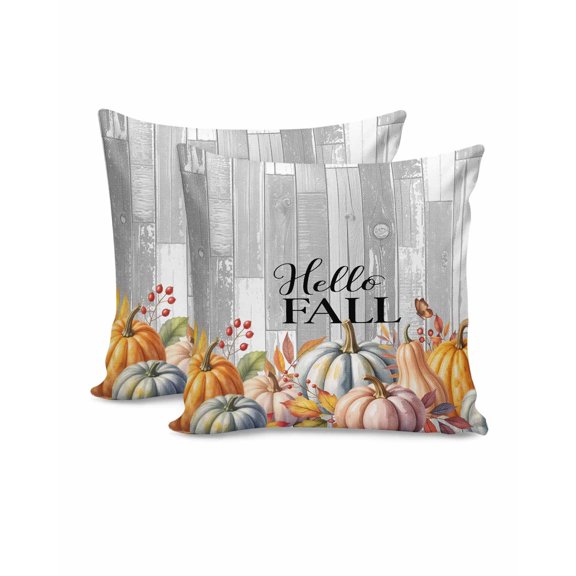 Fall Throw Pillow Covers 16x16 Inch Set of 2 Pumpkin Decorative Pillow Covers Leaves Berry Gray Wood Grain Cushion Cover Pillowcase for Sofa Couch Bed Home Decor