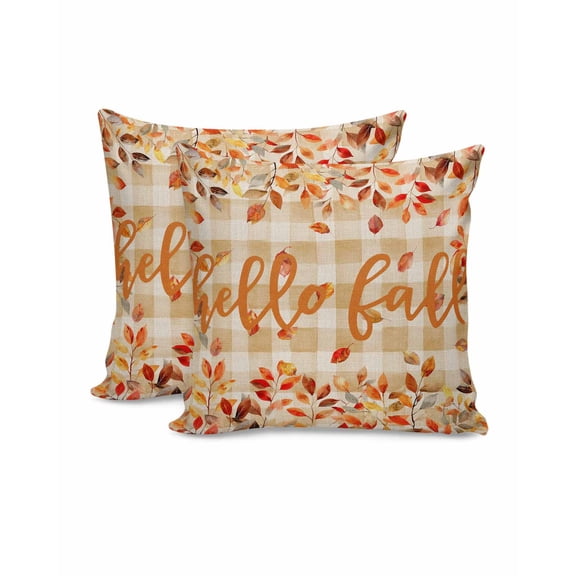 Fall Throw Pillow Covers&nbsp;18x18 Inch Set of 2 Hello Fall Decorative Pillow Covers Autumn Leaf Orange Plaid Cushion Cover Pillowcase for Sofa Couch Bed Home Decor