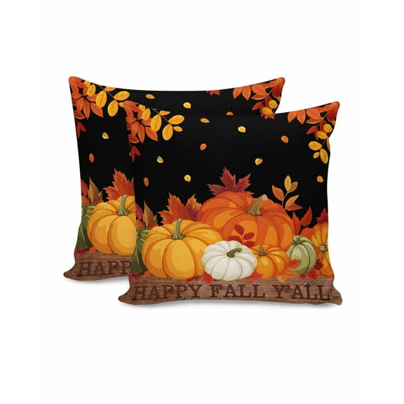 Fall Throw Pillow Covers&nbsp;18x18 Inch Set of 2 Orange Pumpkin Maple Leaves Decorative Pillow Covers Happy Fall Y'all Black Cushion Cover Pillowcase for Sofa Couch Bed Home Decor