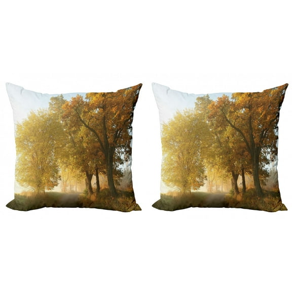 Ambesonne Fall Throw Pillow Cover 2 Pack, Autumn Morning Scenic, 16", Green Yellow