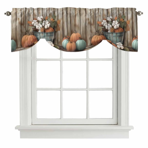 Fall Tie Up Valance Curtains for Windows, Kitchen Curtains Window Treatments, Thanksgiving Pumpkin Country Stripe Wood Grain Short Window Shades Valances for Bedroom Bathroom Cafe 42"x12"