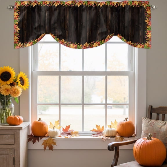 Fall Tie Up Valance for Windows, Thanksgiving Rustic Colorful Maple Leaf Brown Wood Grain Adjustable Rod Pocket Tie Up Valance Curtains Window Treatment for Kitchen Bathroom Bedroom 42 X 12 Inch