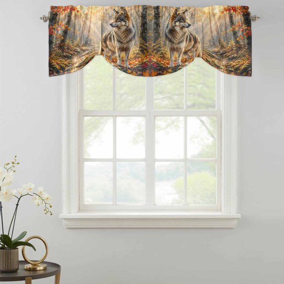 Fall Tie Up Valances Curtain, Timber Wolf Orange Maple Leaves Forest Creek Sunbeam Rustic Kitchen Valances for Windows Decor, Rod Pocket Short Curtains Set for Bedroom/Bathroom, 42"x12"