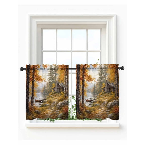Fall Tier Curtains 24 Inch Length,Sheer Curtains for Bedroom Living Room Window Farmhouse Country Cabins Maple Leaves Trees Rod Pocket Drapes Kitchen Curtains Small Half Window 27.5"x24" 2 Panels