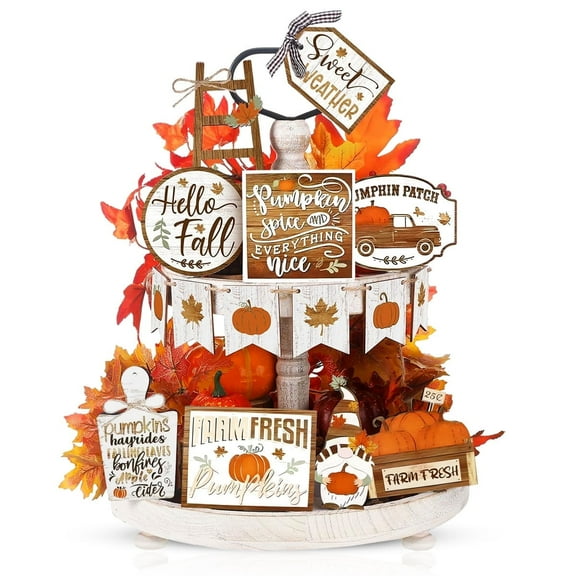 Fall Tiered Tray Decor Pumpkin Maple Leaf Truck Wooden Signs Farmhouse Tabletop Decoration for Full Thanksgiving Party Supplies Style2 21pcs