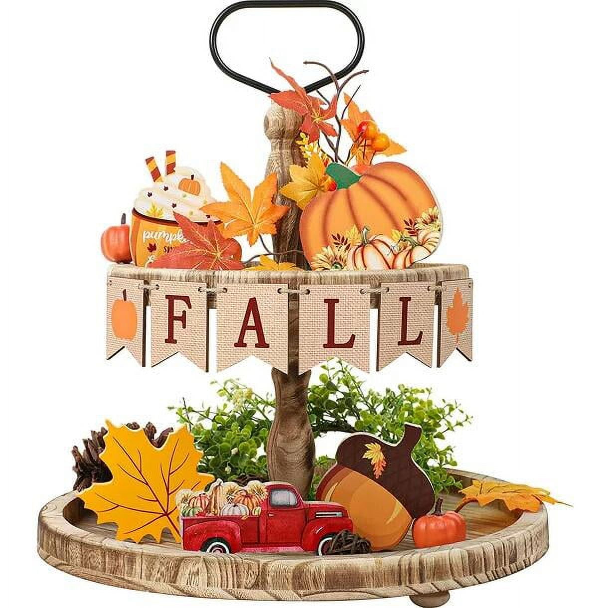 Fall Tiered Tray Decor Pumpkin Maple Leaves Wooden Tabletop Signs Happy ...