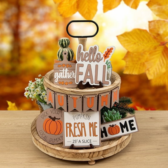 Fall Tiered Tray Decor Set,Fall Maple Wooden Tiered Tray Decor Kit,Farmhouse Style Thanksgiving Wooden Tiered Tray Ornaments,Vintage Fall Wooden Desktop Props for Tiered Tray Layout,Festive Display