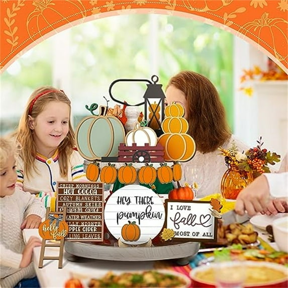 Fall Tiered Tray Decor Set Thanksgiving Decorations Autumn Pumpkin Leaves Rustic Farmhouse Fall Decor Autumn Harvest Decorative Trays Wooden Tabletop Signs for Home Kitchen(Rustic Style)
