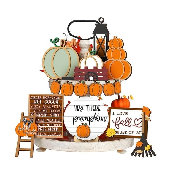 Fall Tiered Tray Decor Set Thanksgiving Pumpkin Maple Leaf Truck Wooden Sign Hello Fall Country Farmhouse Tray Decor Tabletop Mark Fall Thanksgiving Table Holiday（1 Set）