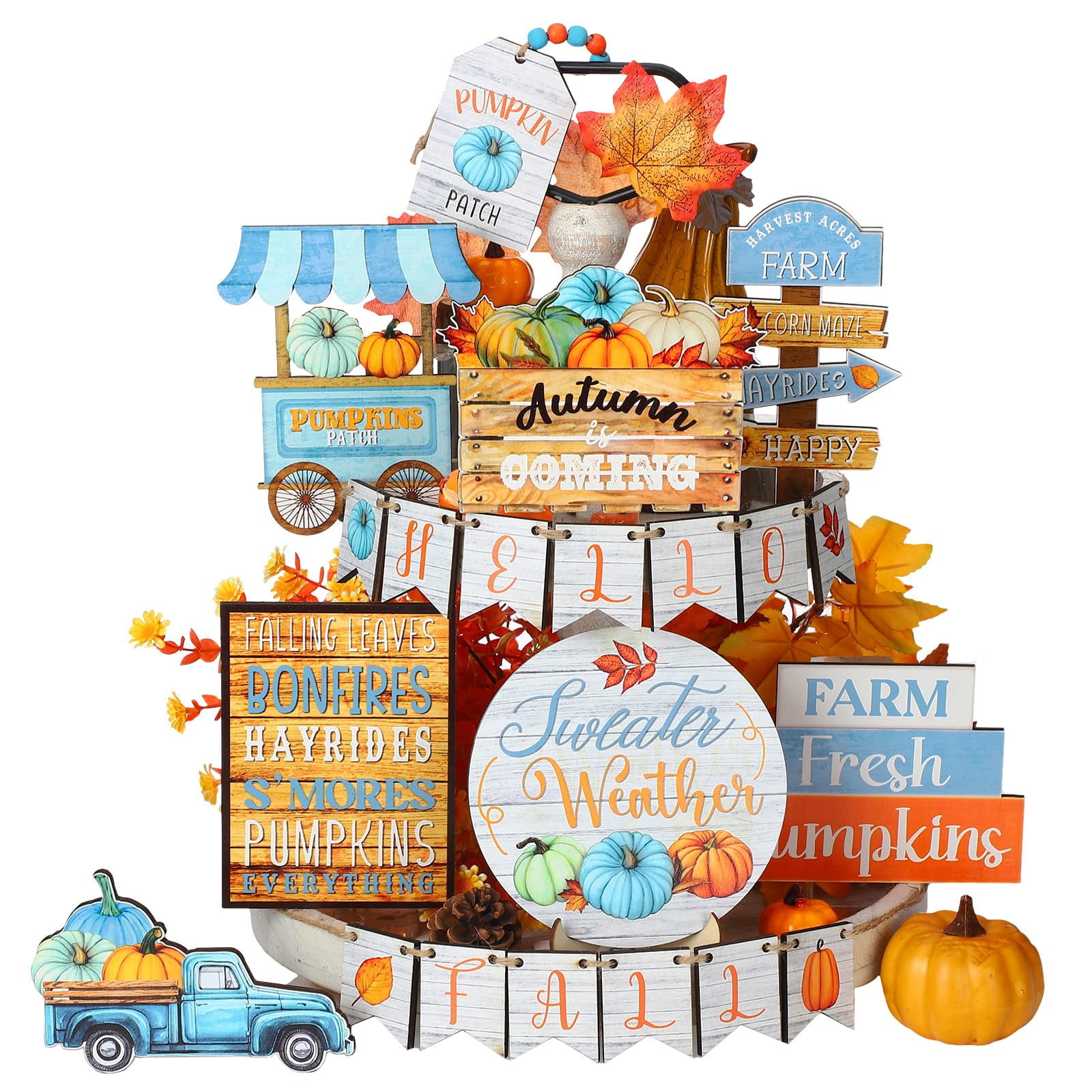 Fall Tiered Tray Decor, Thanksgiving Tabletop Decorations, Wooden Sign Centerpieces for Harvest Indoor Kitchen Autumn Party Supplies
