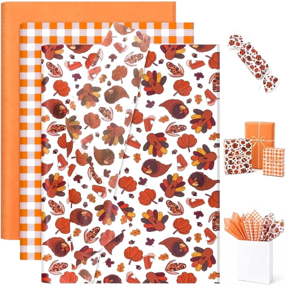 Fall Tissue Paper, 60 Sheets Orange Tissue Paper Bulk for Wrap Bags, Wrapping Paper for Autumn Harvest Thanksgiving Halloween Party Decor,Turkey Pumpkin Maple Leaf Patterns