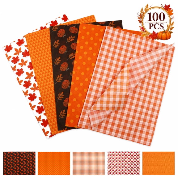 Fall Tissue Paper for Gift Bags, 5 Designs Pumpkin Maple Leaves Gingham Orange Wrapping Tissue Paper for Thanksgiving 100Pcs Set 1