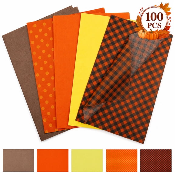 Fall Tissue Paper for Gift Bags, 5 Designs Pumpkin Maple Leaves Gingham Orange Wrapping Tissue Paper for Thanksgiving 100Pcs Set 2