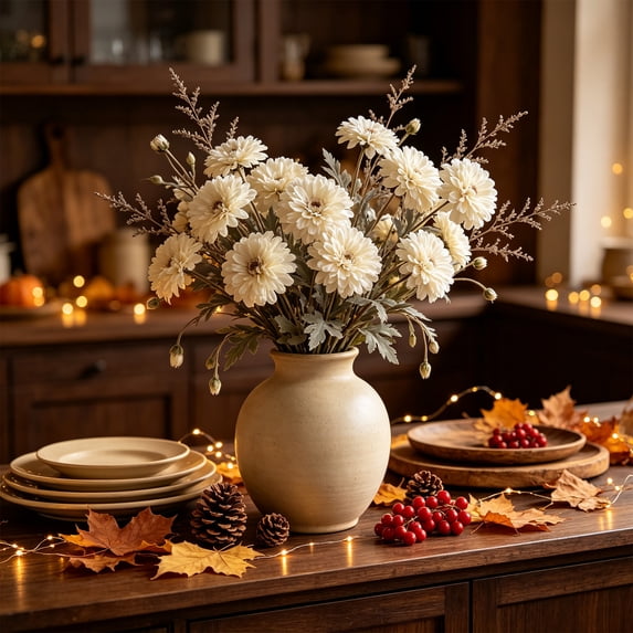 Fall Tone Artificial Chrysanthemum, Multi Color Dried Style Faux Flower Sprigs, Rustic Long Stems Floral Picks For Vase Home Table Decor