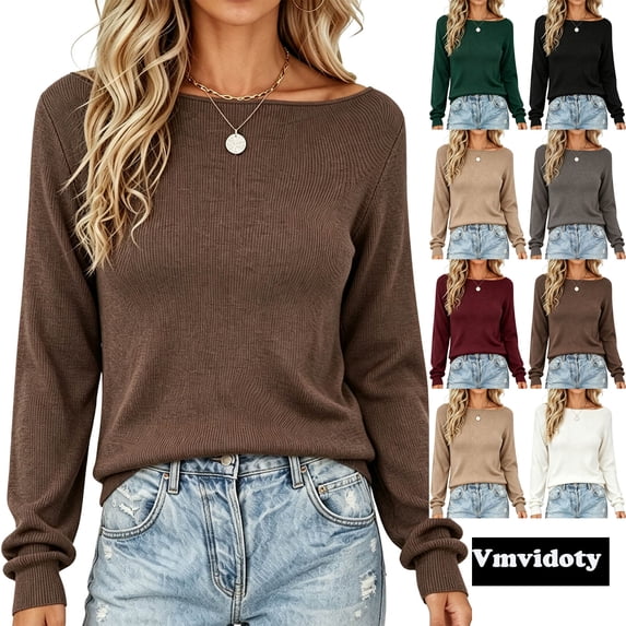 Fall Top for Women Crew Neck Long Sleeve Casual Knit Lightweight Pullover Fashion Clothes 2026 Brown 2XL