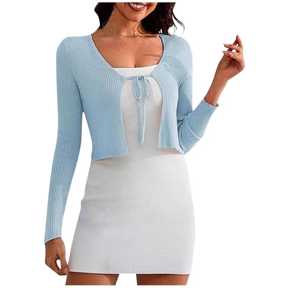 Fall Tops For Women 2025 Sevevn Women's Shrug Sweaters Tie Front Long Sleeve Rib Knit Bolero Open Front Cropped Cardigan