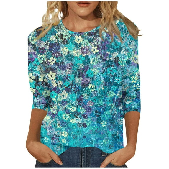 Fall Tops for Women 2024 Trendy Floral Print Shirts 3/4 Length Sleeve Round Neck Plus Size Tshirts Casual Loose Blouse Fall 3/4 Sleeve Tops for Women 2024 Fall Fashion for Women 2024
