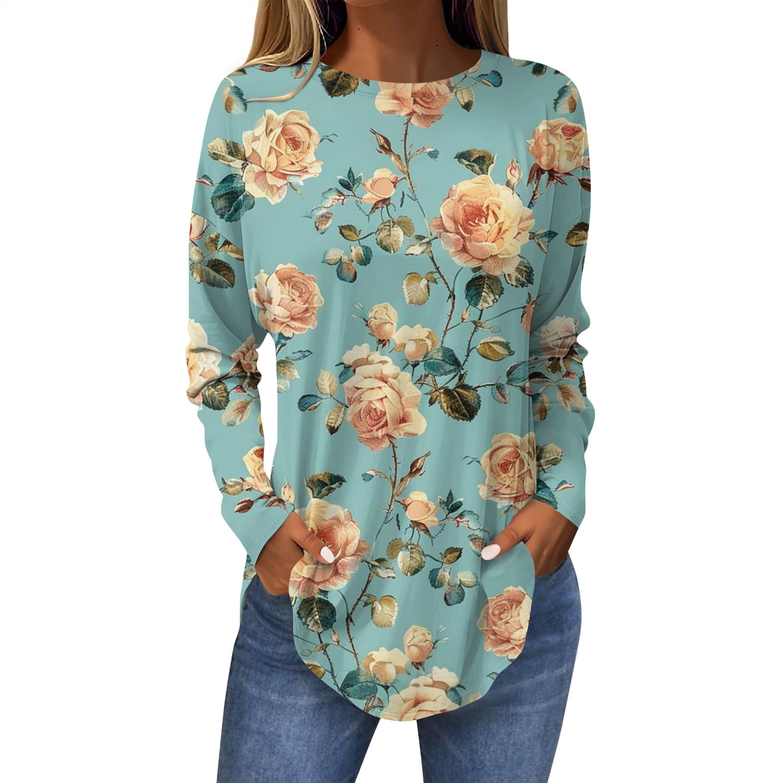 Fall Tops for Women 2024 Trendy Floral Print TShirts Long Sleeve Crew
