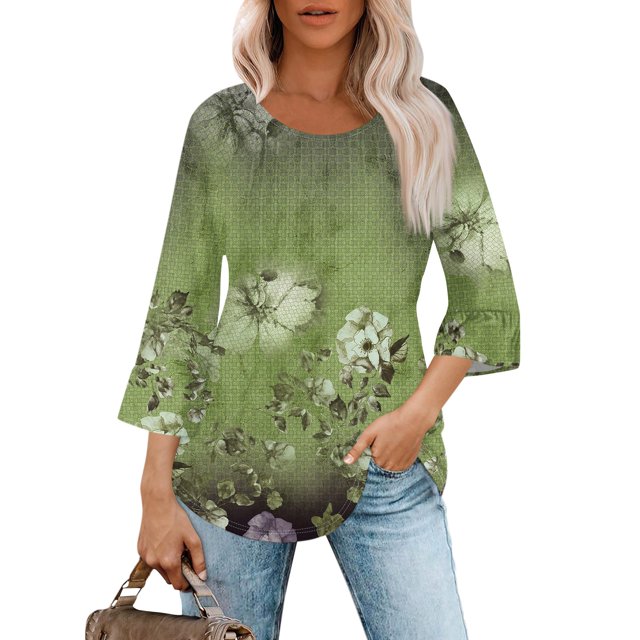 Fall Tops for Women 2024 Trendy Floral Print Tshirts Bell 3/4 Length