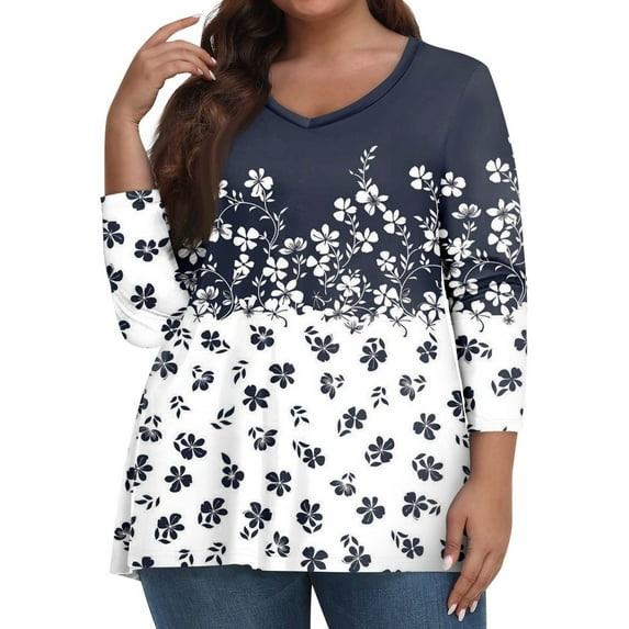 Fall Tops for Women 2024 Trendy Plus Size Blouse 3/4 Sleeve V-Neck Floral Print Shirts Dressy Casual T-Shirts Fall Clothes for Women 2024 Trendy gray X-Large