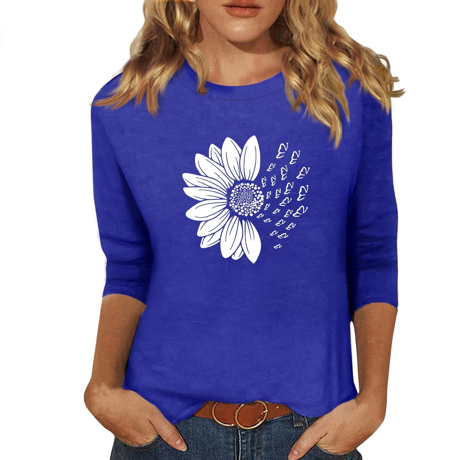 Fall Tops for Women 2024 Trendy Sunflower Print T-Shirts 3/4 Sleeve ...