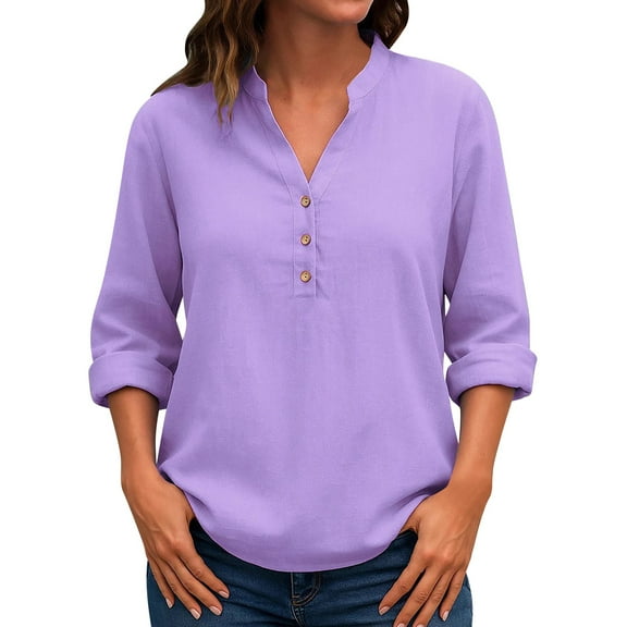 Fall Tops for Women 2025, Comdrip Ladies' Autumn and Winter Fashionable Casual V Neck Button Loose Long Sleeved Shirt Top Casual Tops for Women Purple S