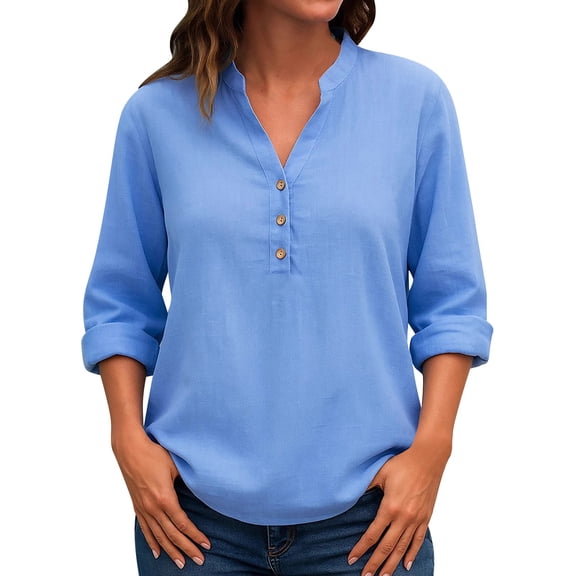 Fall Tops for Women 2025, Comdrip Ladies' Autumn and Winter Fashionable Casual V Neck Button Loose Long Sleeved Shirt Top Casual Tops for Women Sky Blue L