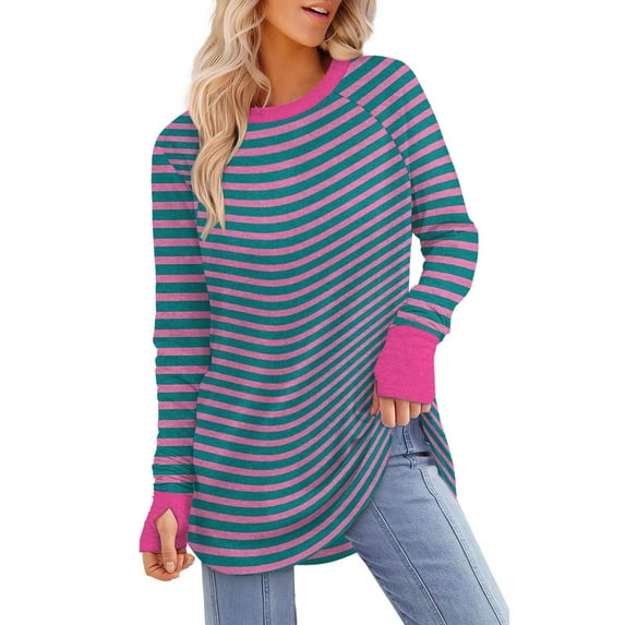 Fall Tops for Women 2025! Comdrip Womens Tops Long Sleeve Shirts Striped T Shirt Dressy Casual Business Crewneck 2025 Fall Womens Long Sleeve Tops Watermelon Red 2XL