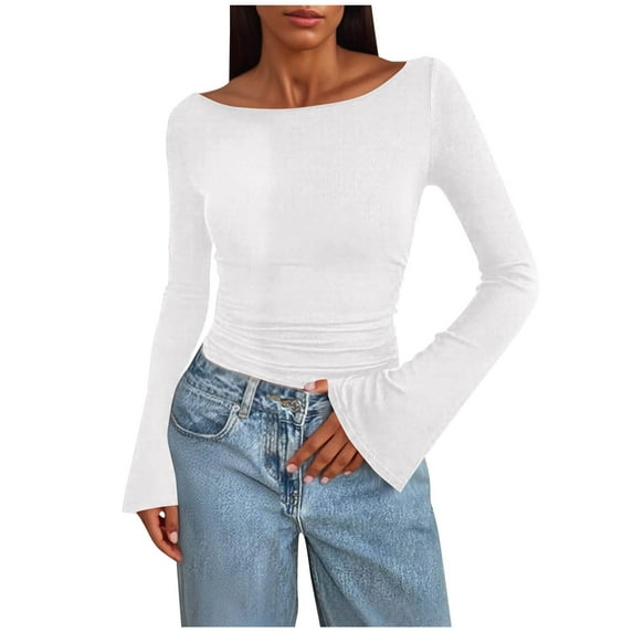 Fall Tops for Women Fashion Solid Color Loose T-shirt Long Sleeves Blouse Round Neck Casual Tops Lightweight Comfortable Travel Clothes Workout Tops Sweatshirt Undershirt Stretchable Top