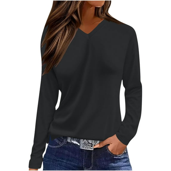 Fall Tops for Women Long Sleeve Casual Blouses Solid Color V Neck Fall Shirts Fashion Soft Basic Tee Loose Lightweight Tops for Everyday Vacation Clothes
