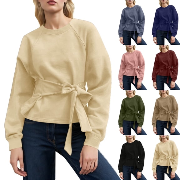 Fall Tops for Women Oversized Workout T Shirt Plus Size Tunic Tops Fashion Women's Casual Long Sleeve Round Neck Solid Bandage Top Blouse Ladies Shirt Pullover Gift for Adults Beige XL