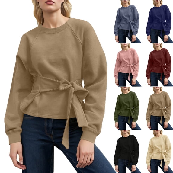 Fall Tops for Women Oversized Workout T Shirt Plus Size Tunic Tops Fashion Women's Casual Long Sleeve Round Neck Solid Bandage Top Blouse Ladies Shirt Pullover Gift for Adults Khaki M