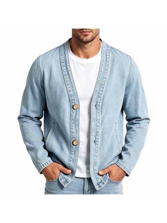 Fall Tops for Men Vintage V Neck Denim Jacket Long Sleeve Pockets Fashion Streetwear Jean Coat Dad Gifts