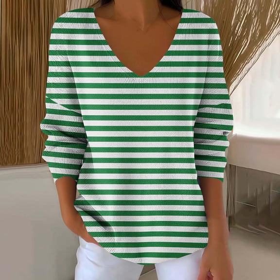 Fall Tops for Women 2025 Fashion Casual V Neck Long Sleeve Printed Top Loose Tshirt