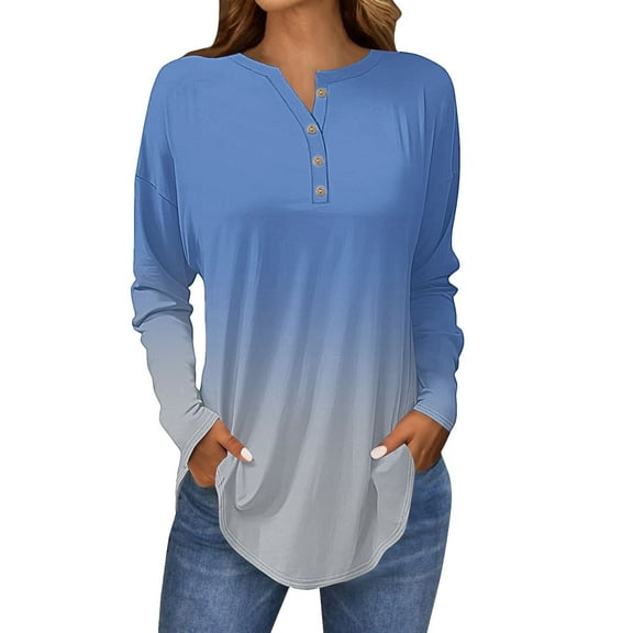 Fall Tops for Women 2025 Trendy, Yigetop Long Sleeve Tops for Women Neck Casual Petite T Shirts Women's Tunics Light Blue 2XL