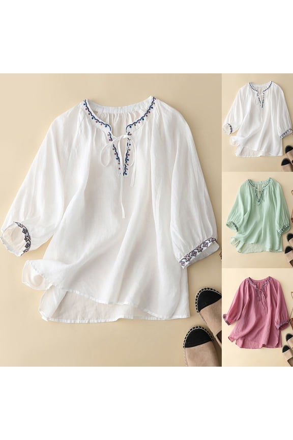 Fall Tops for Women 2026 Cotton-Linen Raglan Teacher Outfit Stretch Floral Dressy Casual Vacation Outfits, White,M