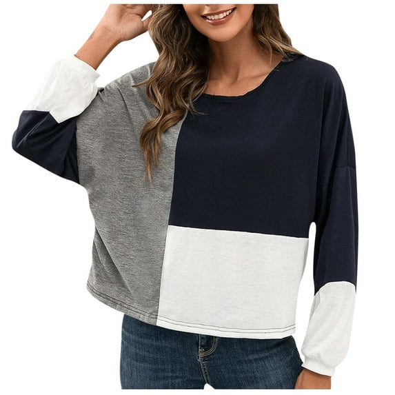 Fall Tops for Women Crewneck Color Block Long Sleeve Blouse Dressy Casual Loose Fit Comfy Pullover Going out Shirts