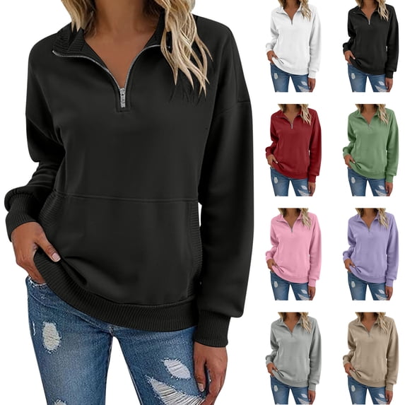 Fall Tops for Women Half Zip Collar Sweatshirt Drop Shoulder Long Sleeve Front Pocket for Casual Outfits
