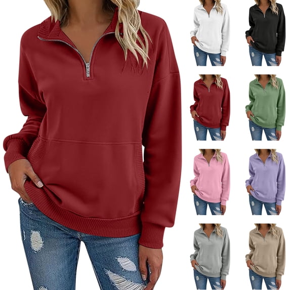 Fall Tops for Women Half Zip Collar Sweatshirt Drop Shoulder Long Sleeve Front Pocket for Casual Outfits