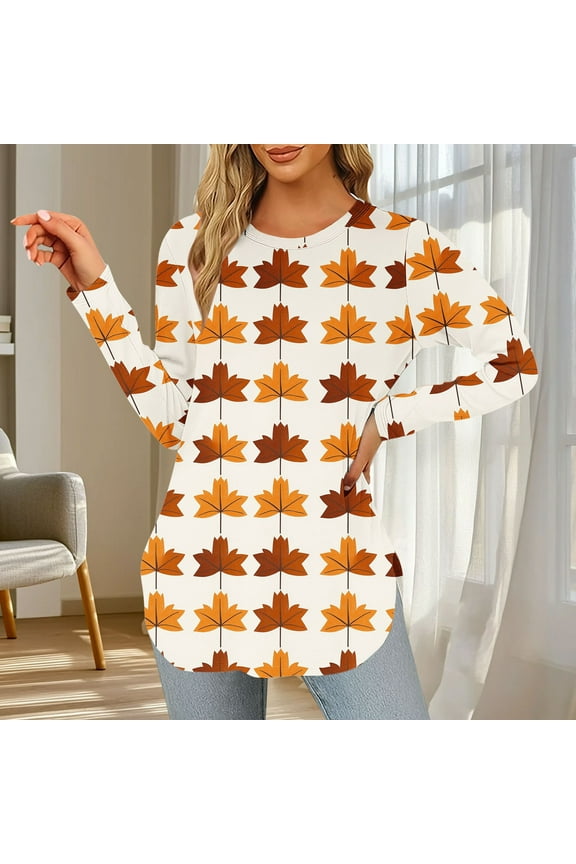 Fall Tops for Women Long Sleeve Maple Leaves Printed Round-Neck Sweatshirts Beige XXL