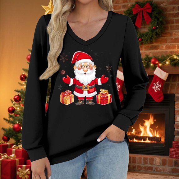 Fall Tops for Women Long Sleeve V Neck Christmas Tees Holiday Party Ready Loose Fit Seasonal Print Comfort Wear Casual Outfits
