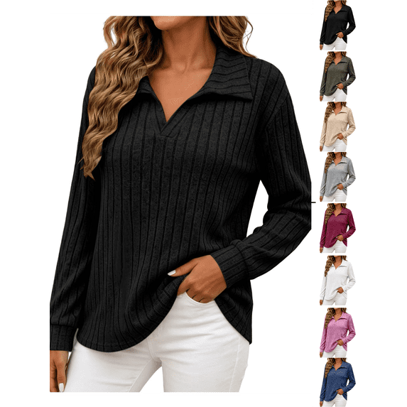 Fall Tops for Women Nelozsy Women V Neck Plus Size Ribbed Long Sleeve Top Pullover Black XXXXL